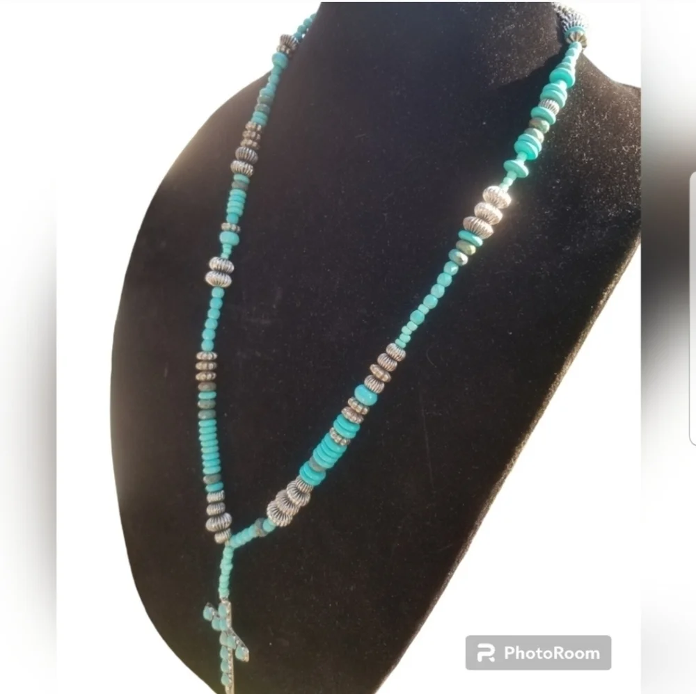 GYPSY SOULE TURQUOISE & SILVERTONED CROSS PENDANT SOUTHWEST NECKLACE